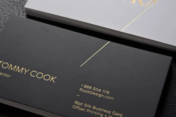 Luxury business cards with matte gold foil and elegant design.