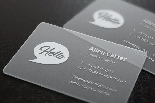 PVC Cards — frosted plastic business card #1210 Frosted transparent plastic business card with UV printing and contact details.
