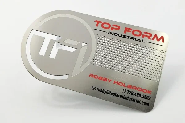 PVC Cards — metal business card #1218 Metal business card with laser-cut details for Plastic Cards CR80 service.
