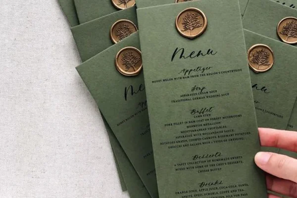 Luxury menu cards with embossed seals for digital printing services.