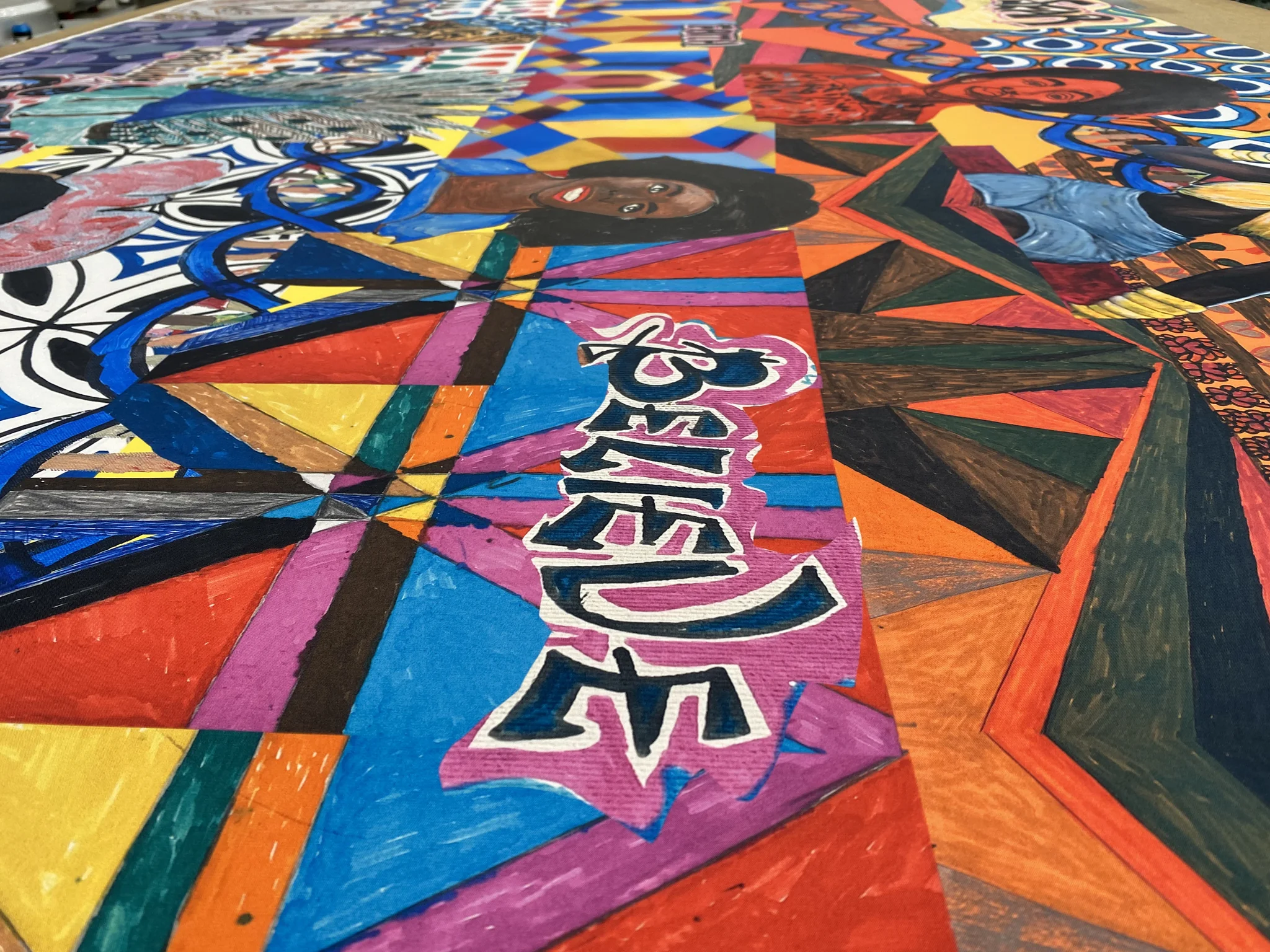 Custom printed fabric with colourful geometric patterns and artistic designs.